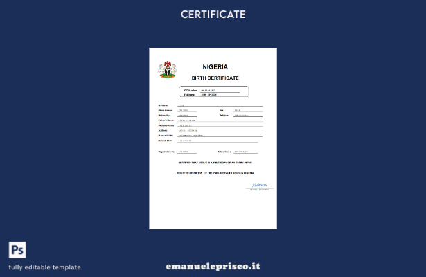 modello di certificato di nascita dello stato di stato della Nigeria in stile ve